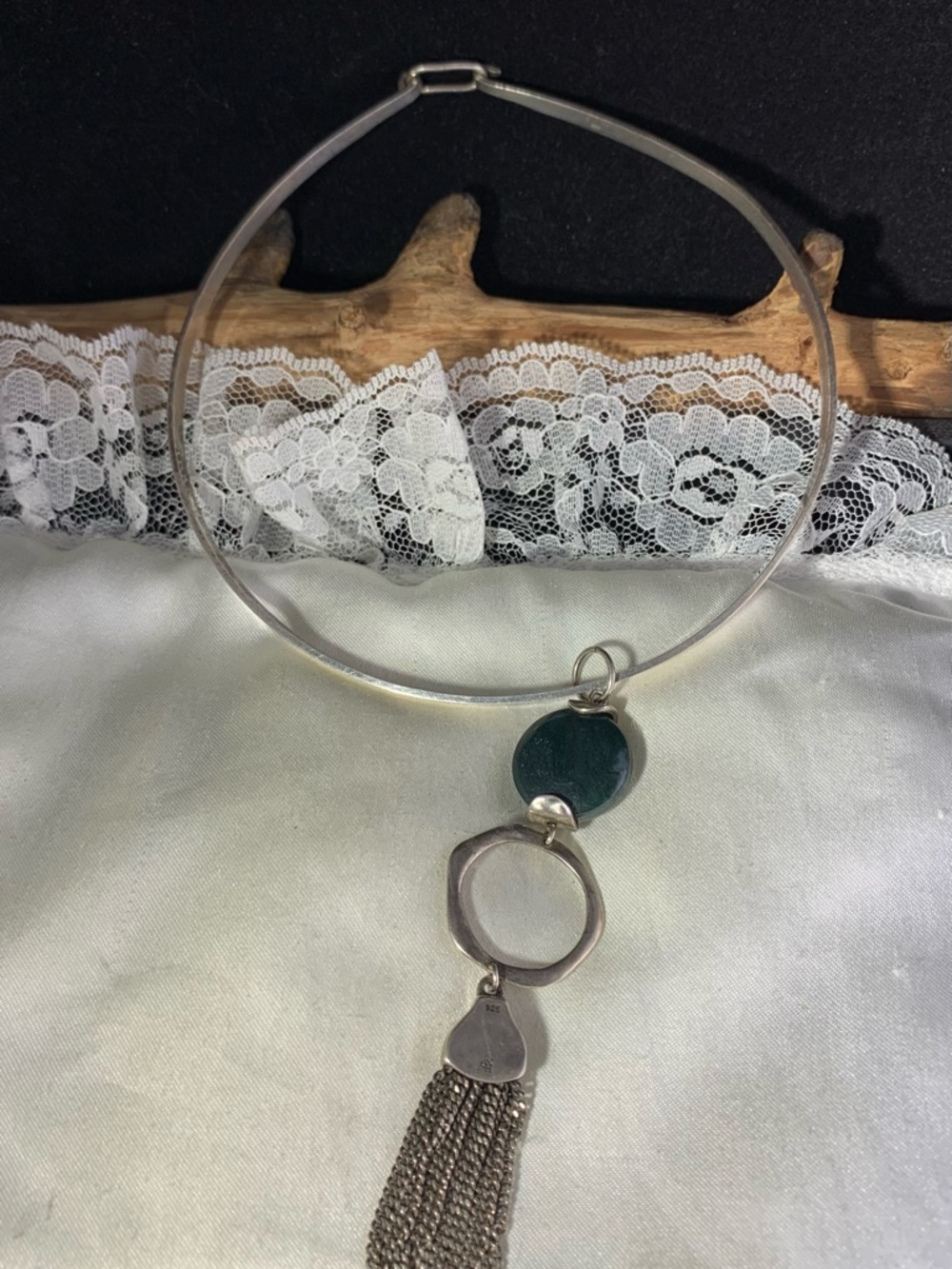 Vintage Sterling Silver Omega Necklace with Deep Green Pendant and Tassel
